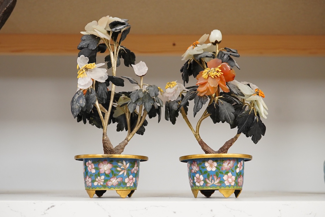 A pair of Chinese cloisonné hardstone trees, 21cm high